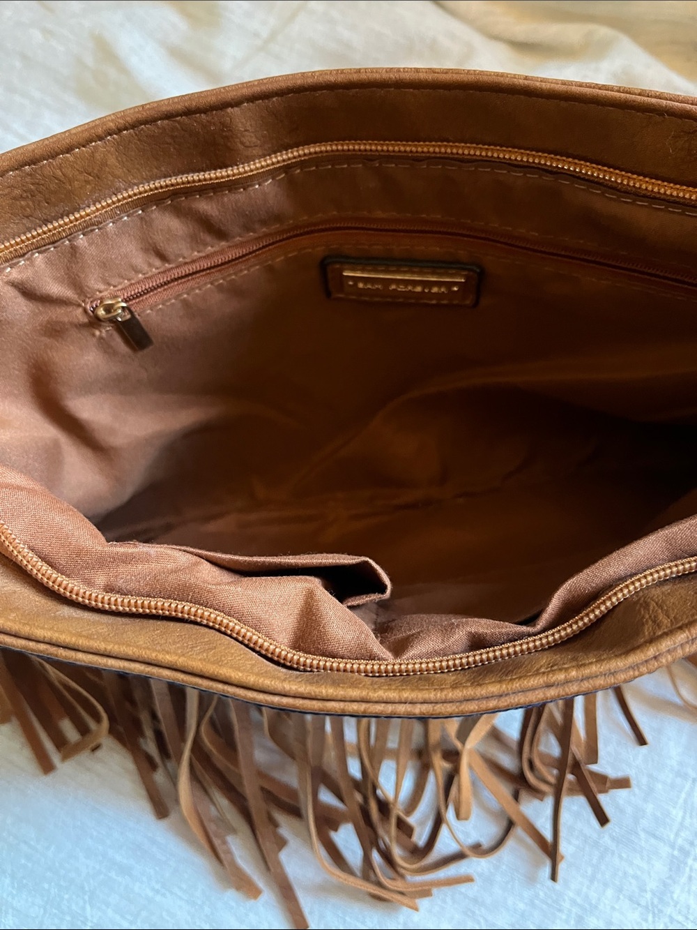 Faux Leather Fringe Crossbody Bag with Embroidered Trim, Like New - Picture 7 of 7